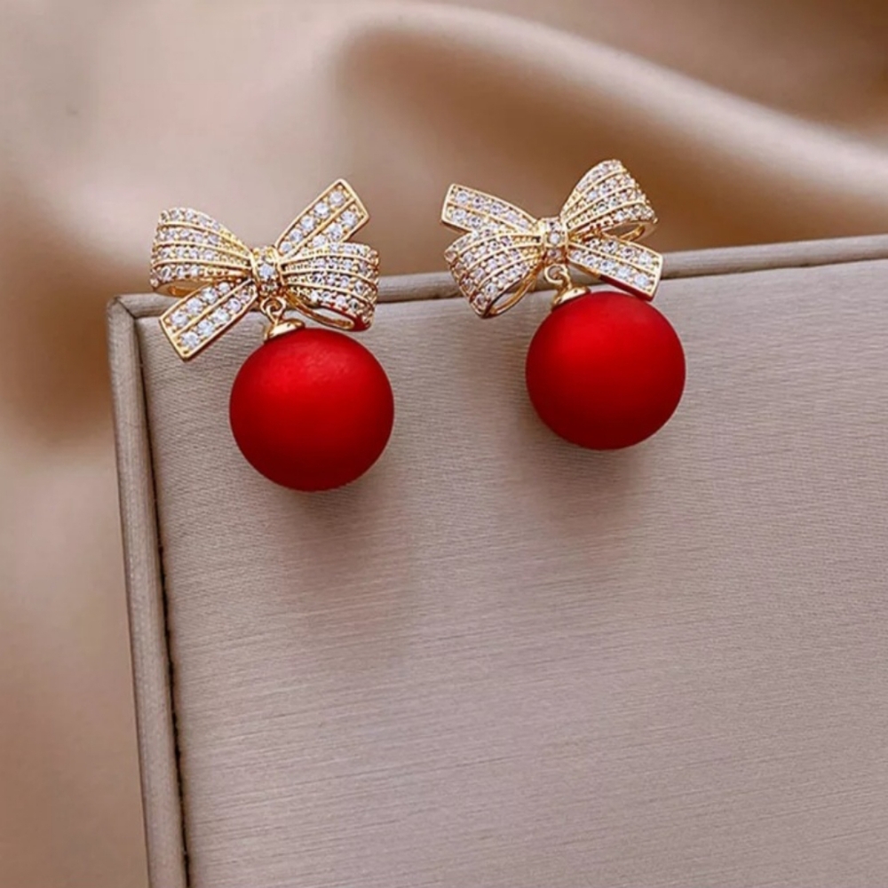 Red and Gold Holiday Christmas Bow Rhinestone Dangle Drop Earrings - Picture 4 of 11